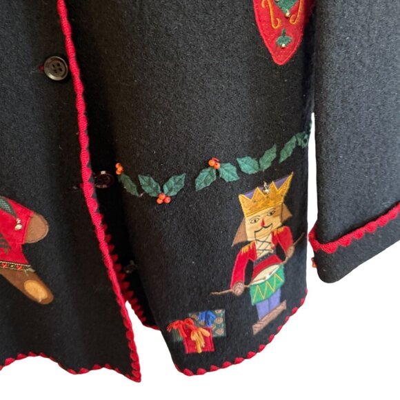 Vtg Sharon Young Black Wool Christmas Cardigan Santa Bear Button Down Hong Kong - Picture 7 of 15